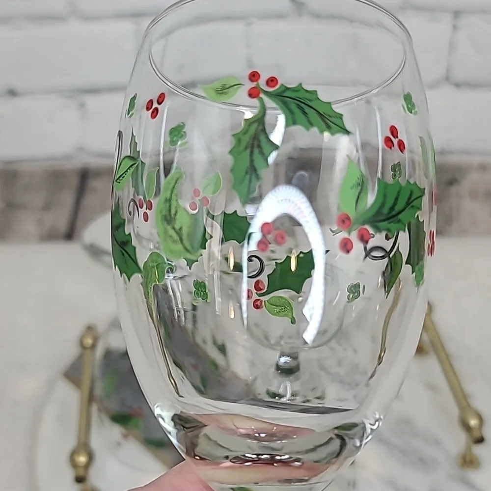 Libbey Vintage Holiday Holly Iced Tea Glass/Goblets Set of 4 (Four) Green/Red